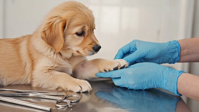 Golden Retriever puppy receiving gentle care from veterinarian, showcasing trust compassion in medical setting. Young pedigreed dog examined by vet, highlighting importance of early veterinary care - Powered by Adobe