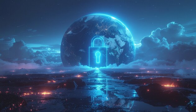 Secure global network with glowing padlock protecting digital assets in a futuristic landscape, ideal for cybersecurity solutions and data privacy campaigns