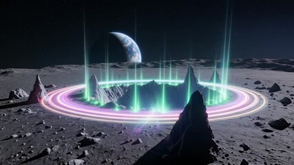 Mystical portal on lunar surface with earth backdrop and vibrant energy field animation - Powered by Adobe