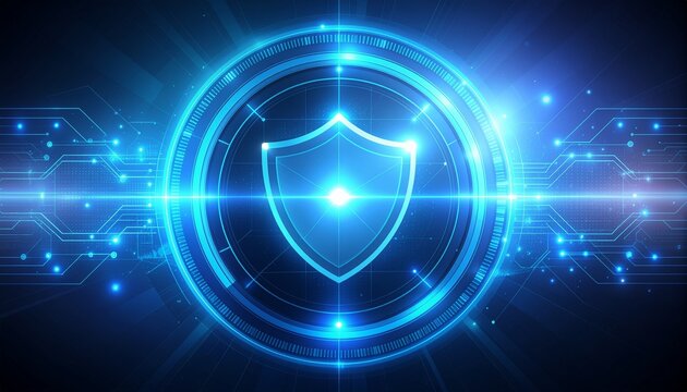 Cybersecurity shield protecting network data with glowing blue technology, secure online systems and information privacy, digital defense for global business