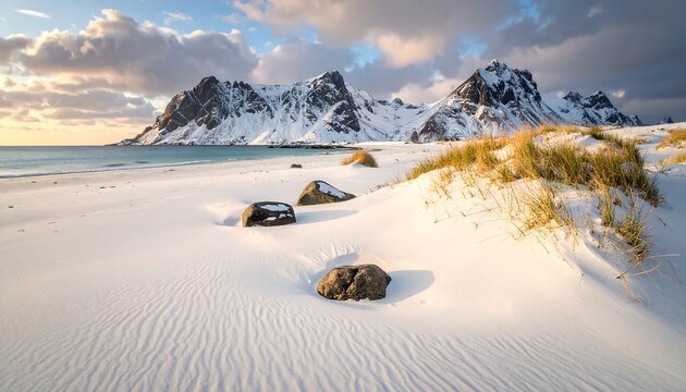 A coastal scene showcases a sandy beach with rocks and snowy mountains in the background. The sky is partly cloudy and lit by warm sunlight