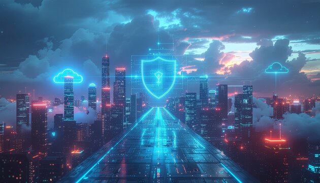 Cyberpunk city skyline with glowing shield and cloud icons for data security and cloud computing, a modern tech landscape for innovation and business.