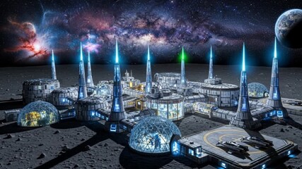 Futuristic lunar base with glowing towers and spacecrafts under a nebula sky - Powered by Adobe