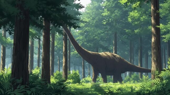 Anime Brontosaurus Long Neck Walking Peacefully Among Green Trees in Forest Illustration
