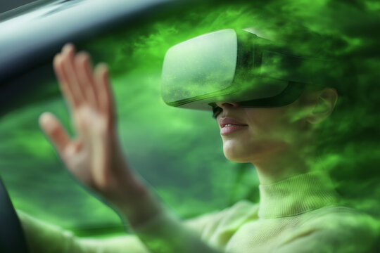 A woman wearing a VR headset appears to interact with a virtual environment while sitting in a car, surrounded by green visual effects.
