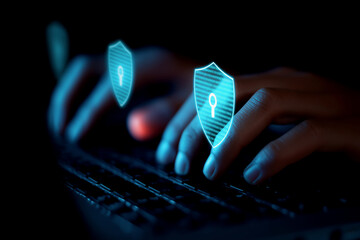 A person typing on a keyboard, with digital shields representing cybersecurity and privacy protections glowing above their hands.