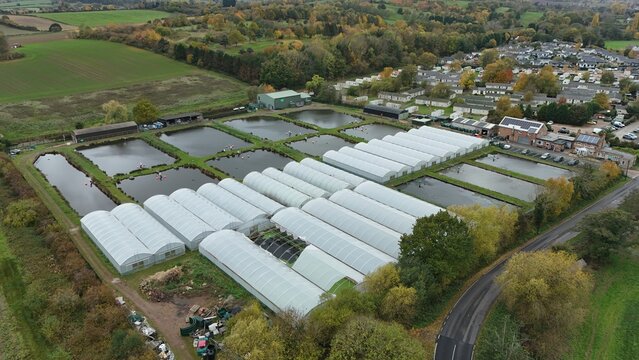 Aerial view of a grid of reflective ponds mirroring the sky, interspersed with rows of greenhouses, nestled beside fields and a residential area, Nottingham, England, United Kingdom.