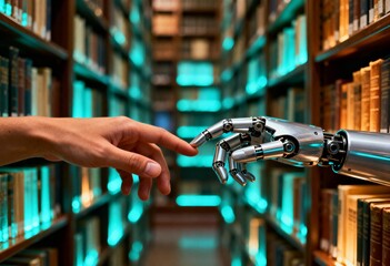 Human Hand Reaching Toward Robotic Hand in Library
