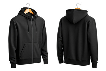 Black zip up hoodie front back wooden hanger apparel, cut out transparent