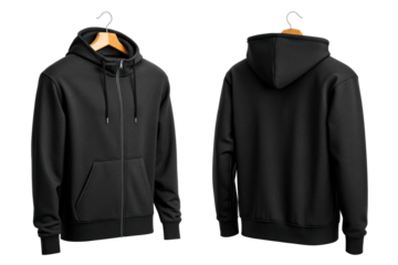 Black zip up hoodie front back wooden hanger apparel, cut out transparent
