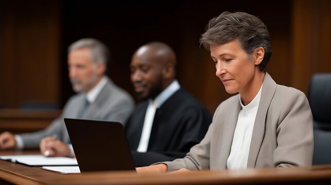 Panel of professional jurors sitting in a courtroom with law books, evidence files, and laptops, carefully reviewing witness testimonies and exhibits, highlighting impartial decision-making,