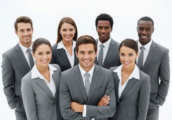 Professional business team posing together in a studio setting, unity confidence in their corporate attire