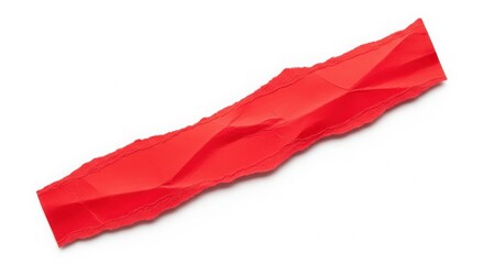 A vibrant red crumpled paper strip with torn edges on a clean white background