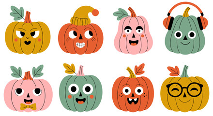Set of 8 charming pumpkin faces, each with unique expressions and playful accessories, perfect for seasonal designs