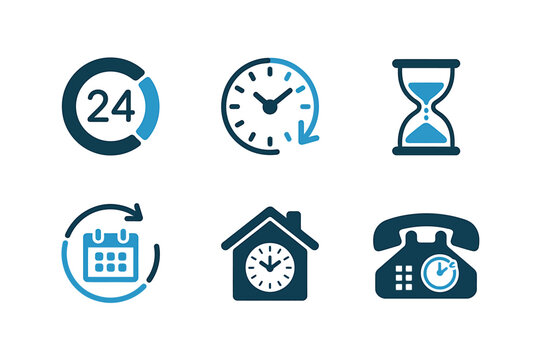 Time Management Icons Collection for Business and Productivity in Dark and Light Blue with White Background