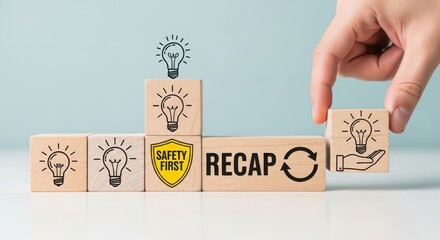 Hand placing a wooden block with a lightbulb and hand symbol to complete a recap idea sequence