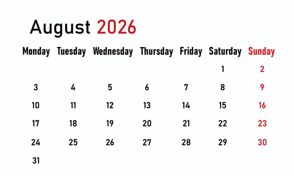 August calendar 2026 white background  - Powered by Adobe