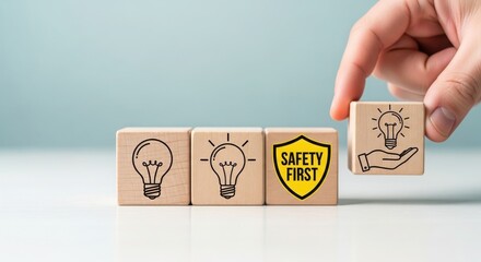Hand placing wooden block with safety first shield and lightbulb symbols on table