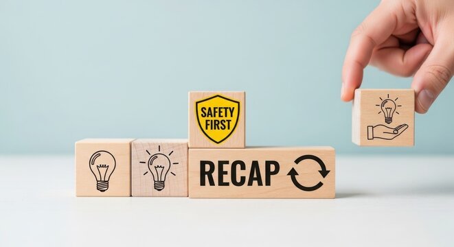 Hand placing wooden block with icon on recap and safety first concept