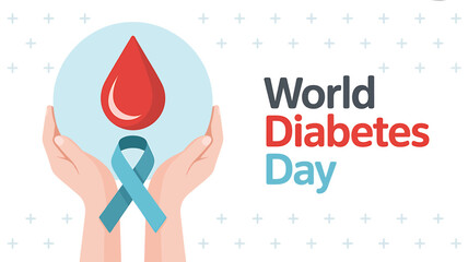 World Diabetes Day Awareness Illustration with Blood Drop and Blue Ribbon for Support and Prevention