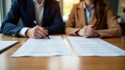 Two people discussing documents at a desk