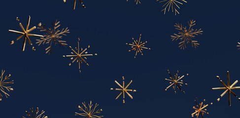 Elegant gold snowflakes floating against a deep blue sky. Perfect for holiday design, winter themes, and Christmas visuals. Evokes joy, celebrat
