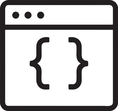 Web browser window silhouette with code brackets { }, minimal linear vector, programming icon.