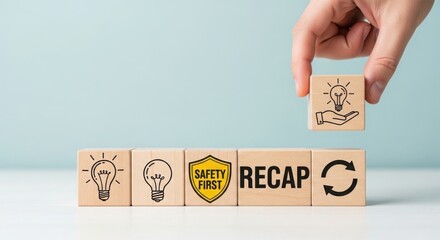 Hand placing wooden block with drawing on top of recap word and icons