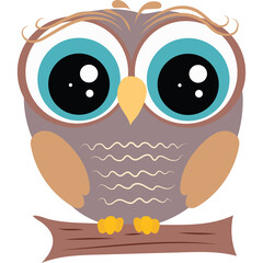 Adorable Cartoon Owl Perched on a Branch With Big Blue Eyes and Brown Feathers Featuring a Transparent Background