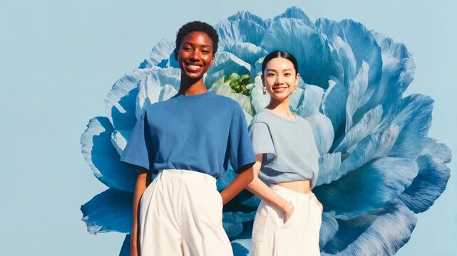 Confident trio styled against a giant blue flower&mdash;diverse friendship, modern fashion, community, and vibrant identity for youth‑driven brands