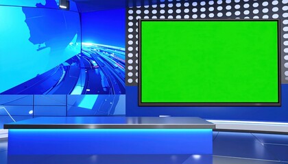 Modern TV News Studio Set with Green Screen Display and Blue Lit Podium