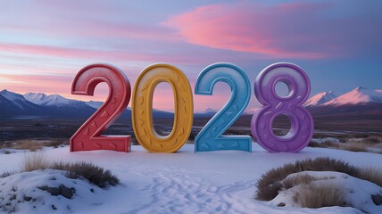 Vibrant 2028 New Year celebration in a snowy winter landscape