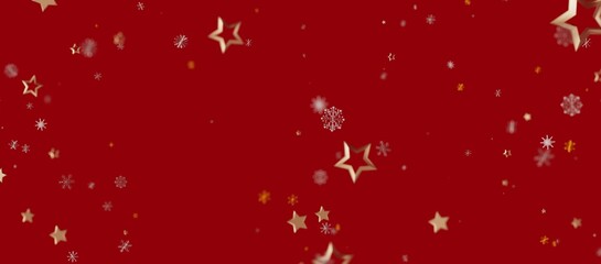Christmas or New Year background features gold stars and white snowflakes on a vibrant red backdrop perfect for holiday greetings and
