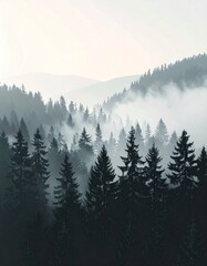 Obraz premium Foggy Pine Forest Silhouettes Aesthetic Mobile Wallpaper