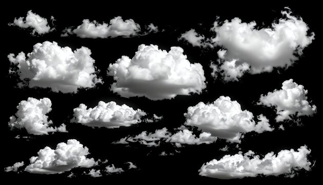 Isolated fluffy white clouds against a solid black background. Varied shapes and sizes add visual interest