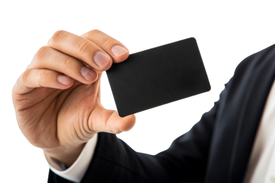Businessman holding empty black business card mockup, cut out transparent