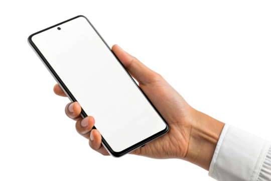 Latino Hand Holding Modern Smartphone with Blank Screen