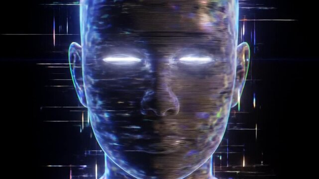 Abstract digital human face with glitch effects, seamless looping background for futuristic
