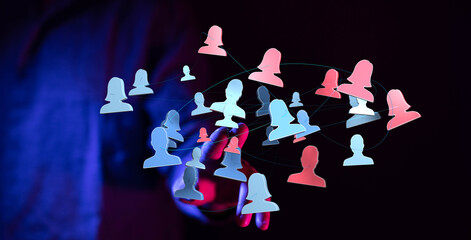 Abstract network of interconnected human silhouettes symbolizing teamwork, online communities, and social interactions.
