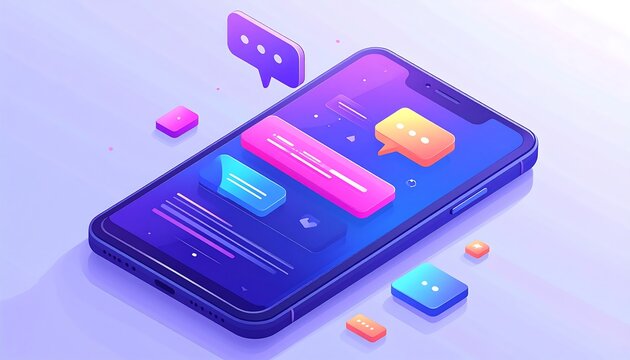 Isometric phone with colorful chat bubbles, buttons floating on a purple-blue gradient background