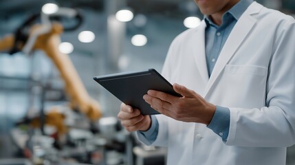 Close-up of engineers reviewing smart sensor data from robotic assembly lines, symbolizing efficiency, process optimization, and precision control in futuristic manufacturing environments.