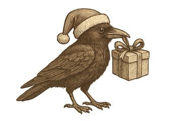 Obraz premium Crow wearing a santa hat holding a christmas gift, vintage sepia illustration with transparent background, holiday season delivery