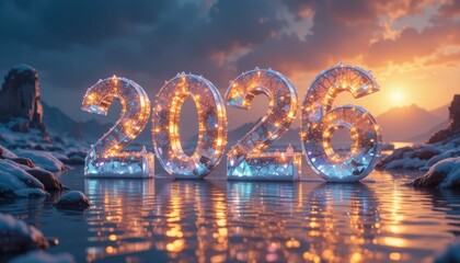 Glowing Crystal "2026" Word Floating Over Shimmering Water – New Year Celebration - Happy new year 2026