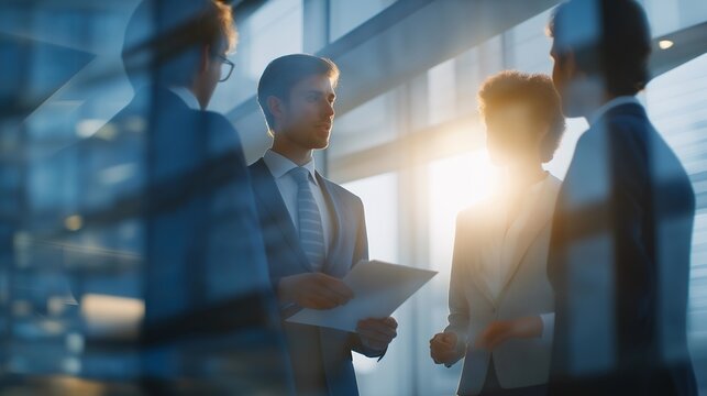 Corporate team meeting with advisor discussing group insurance policies on transparent screens, symbolizing workplace benefits, employee protection, and financial planning for long-term stability.