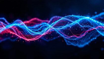 Abstract energy waves pulsing with neon blue and red lights, symbolizing sound and motion.