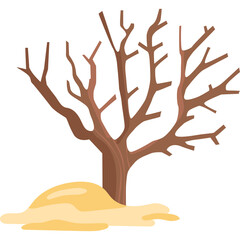 Bare Brown Tree Silhouette with Sandy Mound Base Against White Background Minimalist Illustration Style