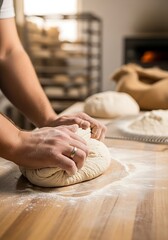 Bakers hands kneading dough on a wooden table, dusted with flour, with bread loaves and a rustic oven in the background