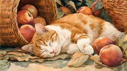 Sleeping cat nestled among apples in a basket, watercolor art