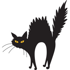 Black Cat Halloween Silhouette Standing Arched Back With Spiked Fur And Yellow Eyes On White Background Simple Flat Design Graphic Element