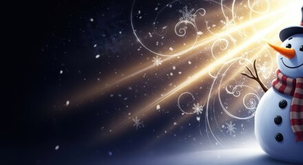 Happy snowman wearing hat and scarf on a dark background. Christmas fairy tale concept for winter holiday banner or greeting card design.
